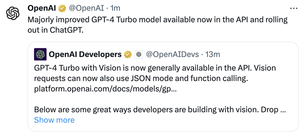 OpenAI 推出 GPT-4-Turbo 正式版，自带视觉能力