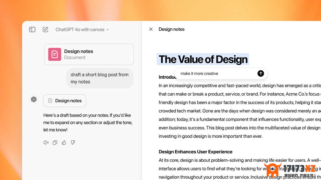 OpenAI推出全新写作、编码工具ChatGPTCanvas，将免费开放